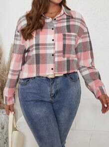 SHEIN LUNE Plus Size Women's Colorful Plaid Long Sleeve Pocket Shirt For Autumn & Winter - Pink - View 4