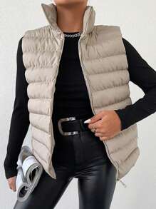 EURMUSE 拉鏈開襟羽絨背心大衣 - 米色 - 查看 1