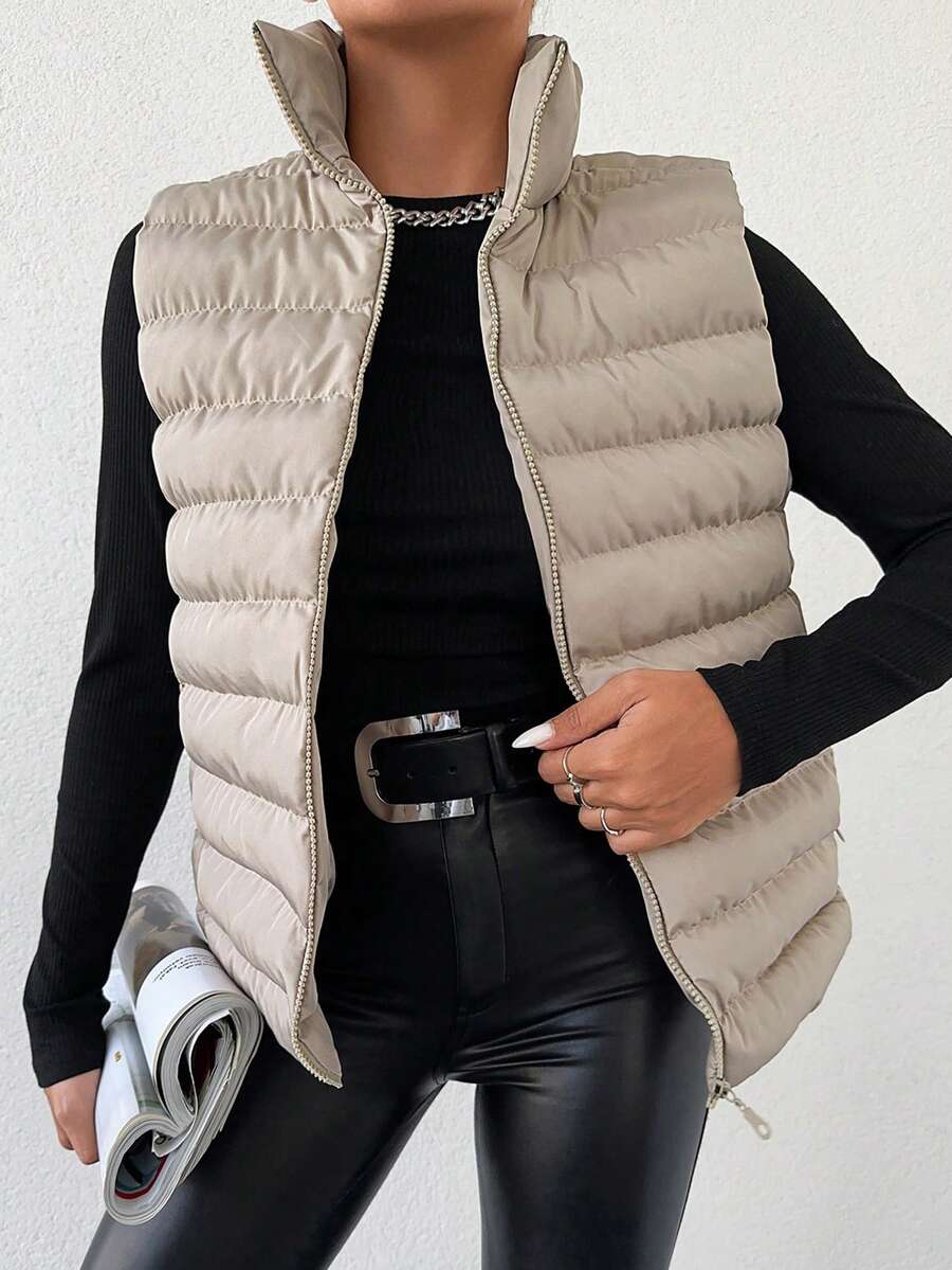 EURMUSE 拉鏈開襟羽絨背心大衣 - 米色 - 查看 1