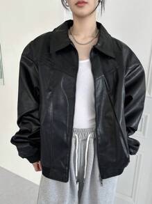 Dazy-Less Áo khoác PU rộng rãi cho nữ, Áo gió dài tay thường ngày cho mùa thu - màu đen - Xem 14