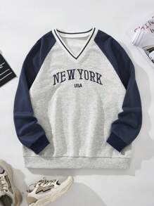 SHEIN EZwear 大碼字母刺繡插肩袖運動衫 - 彩色 - 查看 1