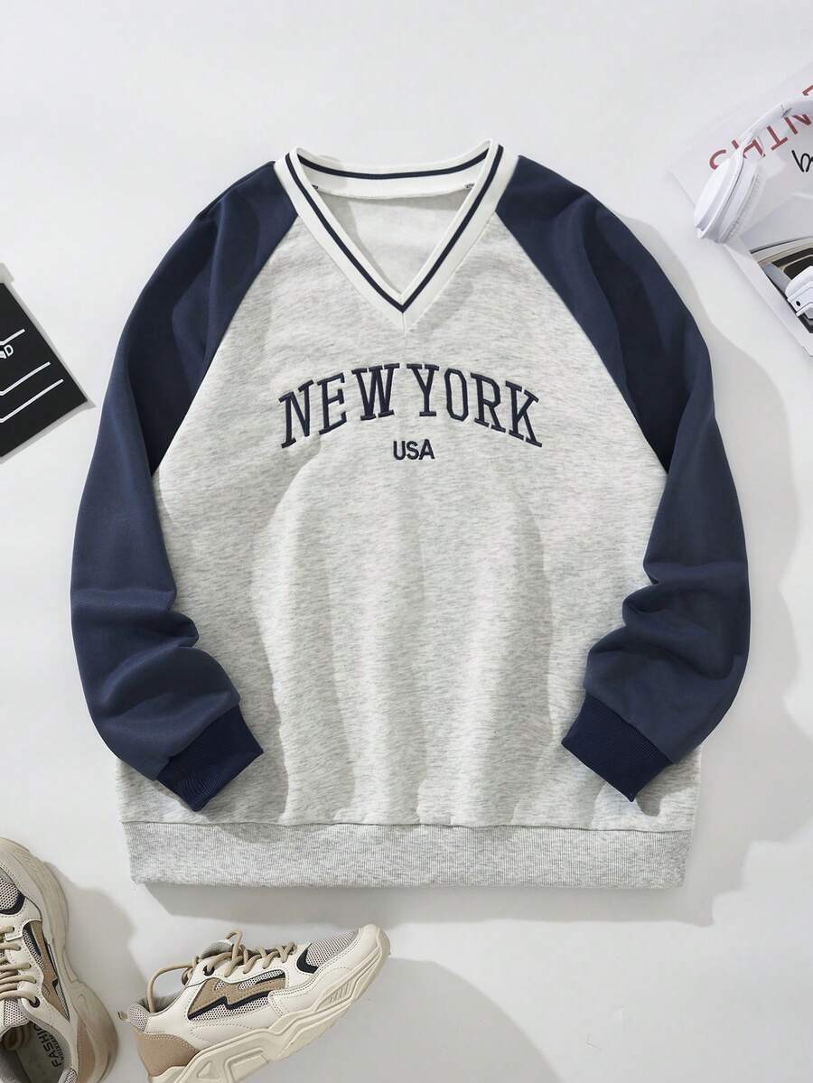 SHEIN EZwear 大碼字母刺繡插肩袖運動衫 - 彩色 - 查看 1