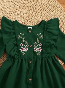 SHEIN Baby Girl Floral Embroidery Ruffle Trim Flare Sleeve Dress - Dark Green - View 4