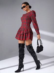 SHEIN Essnce Tartan Print Ruffle Hem Dress - Red - View 5
