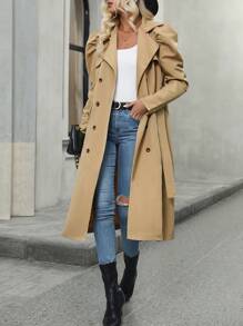 SHEIN LUNE 羊腿袖雙排釦腰帶風衣外套 - 卡其色 - 查看 1