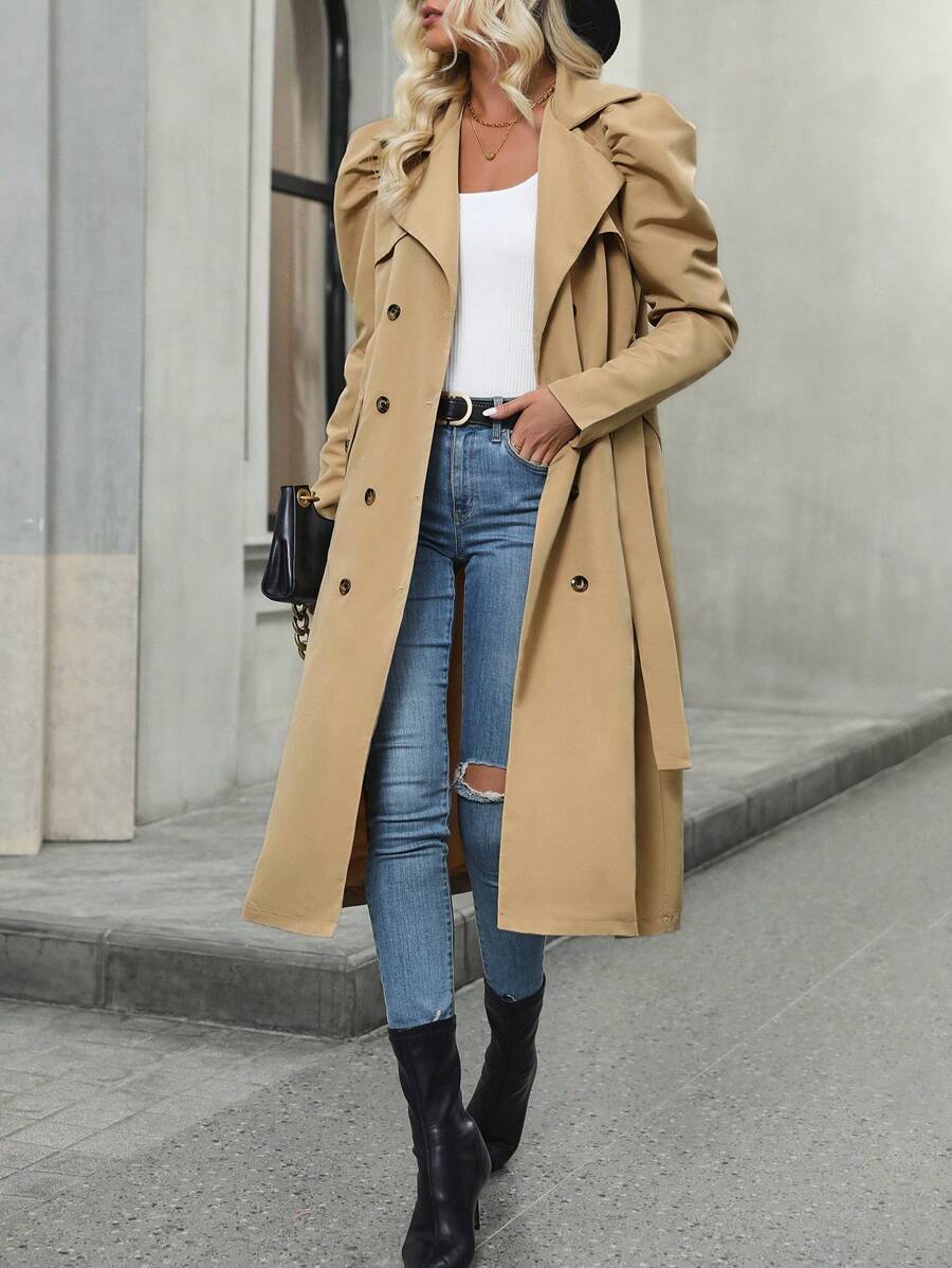 SHEIN LUNE 羊腿袖雙排釦腰帶風衣外套 - 卡其色 - 查看 1