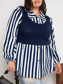 SHEIN CURVE+ Plus Striped Print Lantern Sleeve Curved Hem 2 In 1 Top - Navy Blue - View 1