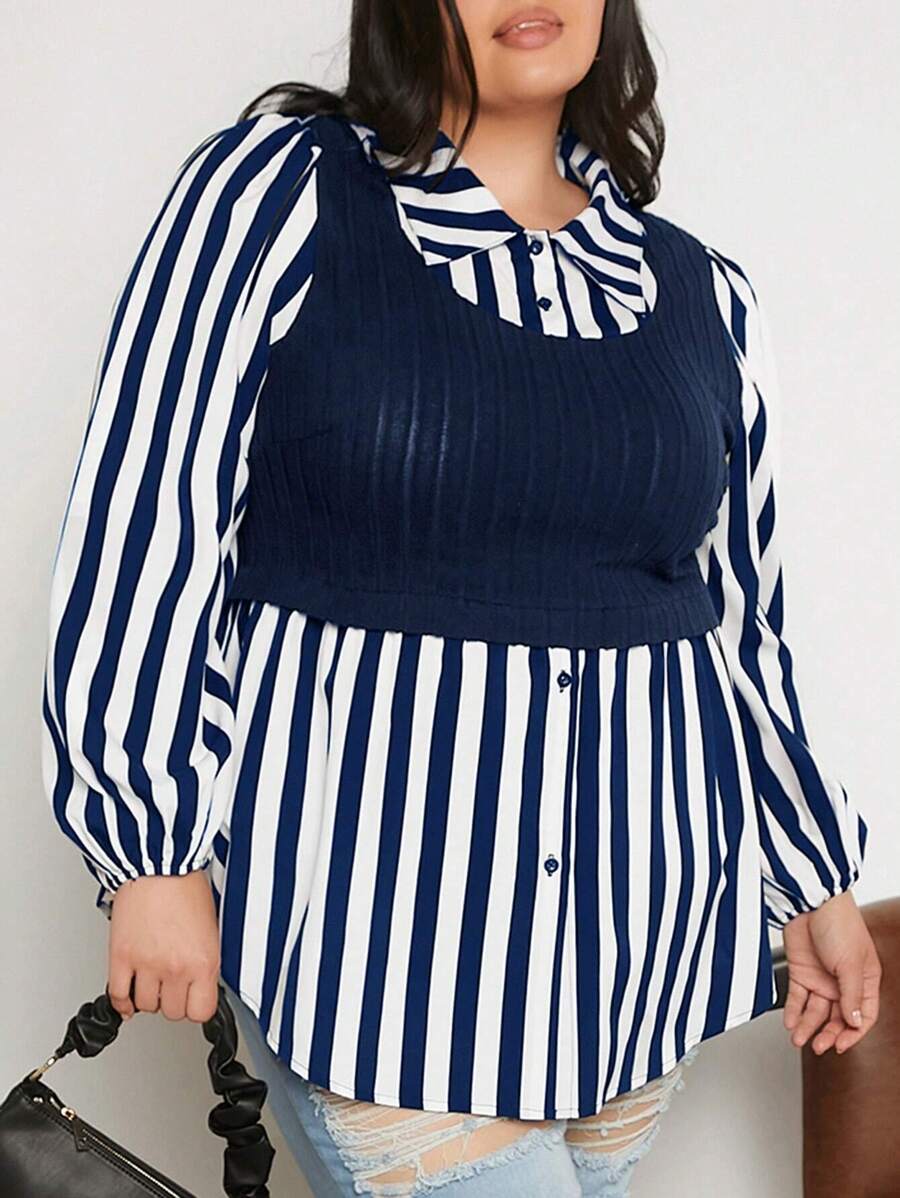 SHEIN CURVE+ Plus Striped Print Lantern Sleeve Curved Hem 2 In 1 Top - Navy Blue - View 1