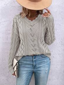 SHEIN LUNE Cắt vỏ sò Thả vai Dệt kim chấm bi Áo len - Xám - Xem 5