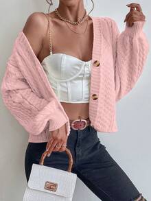 Chiquease Cable Knit Drop Shoulder Cardigan - Pink - View 4