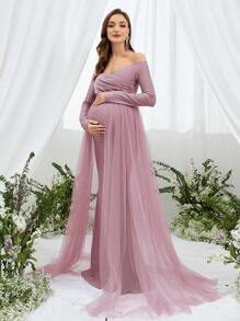 Vestido elegante para embarazadas con superposición de malla y hombros descubiertos, para fiestas - Rosa vieja - Ver 6