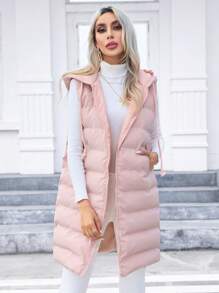 SHEIN Privé Slant Pockets Drawstring Hooded Vest Padded Coat