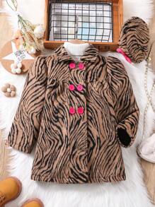 SHEIN Young Girl Zebra Striped Double Breasted Overcoat & Hat - Brown - View 1