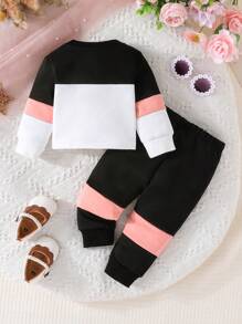 Baby Girl Letter Graphic Colorblock Sweatshirt & Sweatpants - Multicolor - View 2