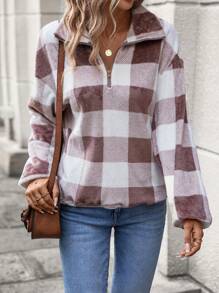 SHEIN LUNE 格紋印花半拉鏈落肩袖毛茸茸運動衫 - 彩色 - 查看 4