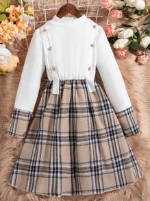 SHEIN 女大童格紋印花小高領洋裝 - 白色 - 查看 1