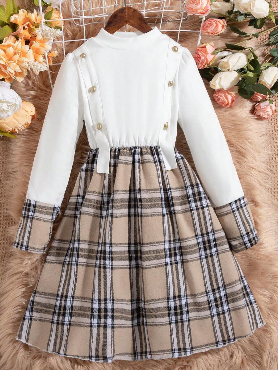 SHEIN 女大童格紋印花小高領洋裝 - 白色 - 查看 1