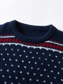 Young Boy Christmas Elk & Geo Pattern Sweater - Blue - View 3