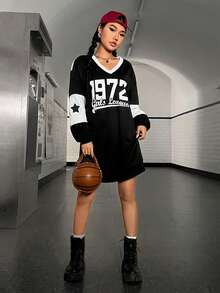 SHEIN EZwear 字母圖案落肩袖衛衣洋裝 - 黑與白 - 查看 5