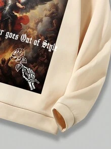 ROMWE MEN Street Life 男士字母及數字圖形袋鼠口袋束口保暖連帽衫 - 卡其色 - 查看 5