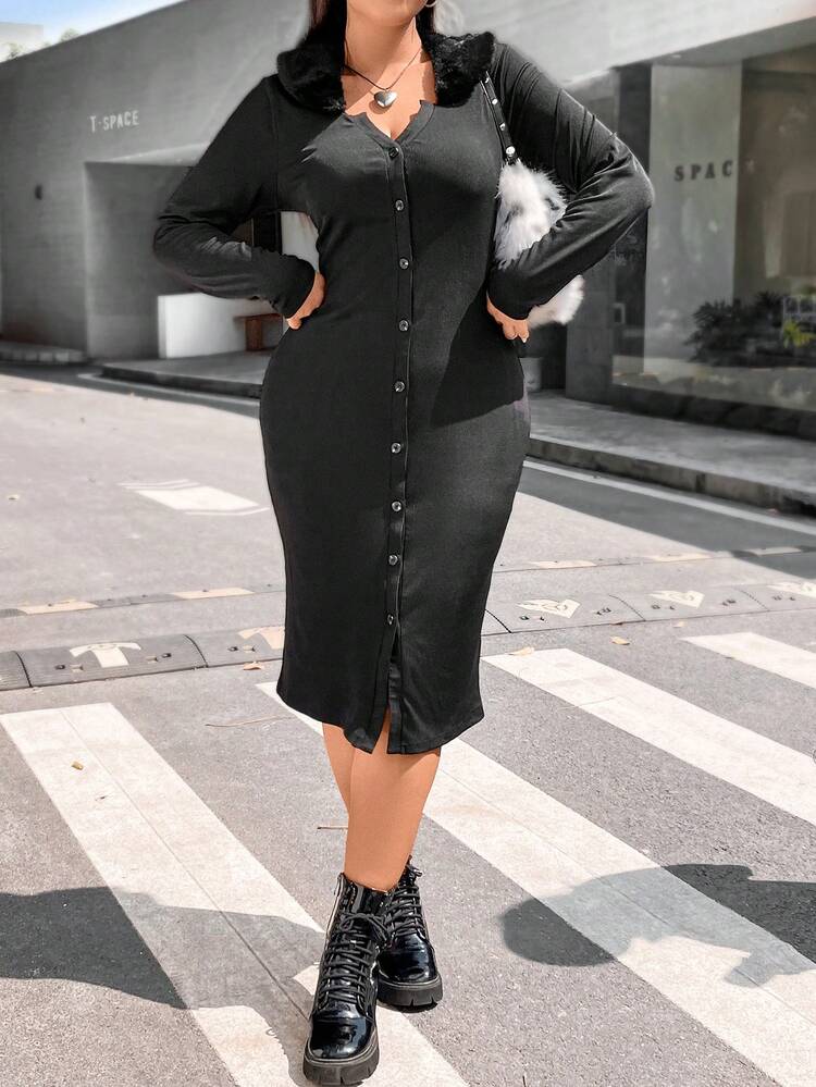 Plus Borg Collar Button Through Bodycon Dress