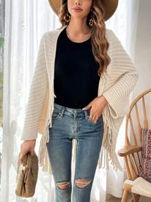 SHEIN VCAY Batwing Sleeve Fringe Trim Cardigan - Apricot - View 5