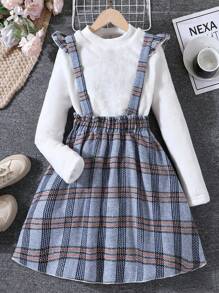 SHEIN 女大童法蘭絨T恤&格紋印花荷葉邊背带半身裙 - 彩色 - 查看 1