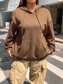 Flirla Plus Size Butterfly & Slogan Graphic Drop Shoulder Drawstring Sweatshirt - Brown - View 5