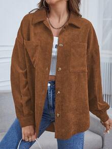 SHEIN Essnce 落肩袖口袋貼布燈芯絨大衣 - 棕色 - 查看 3