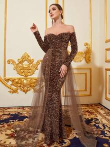 露肩拼接網紗鱼尾下摆的亮片正式晚禮服 - 咖啡棕 - 查看 4