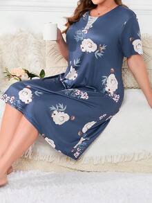 Plus Floral Print Nightdress - Blue - View 3