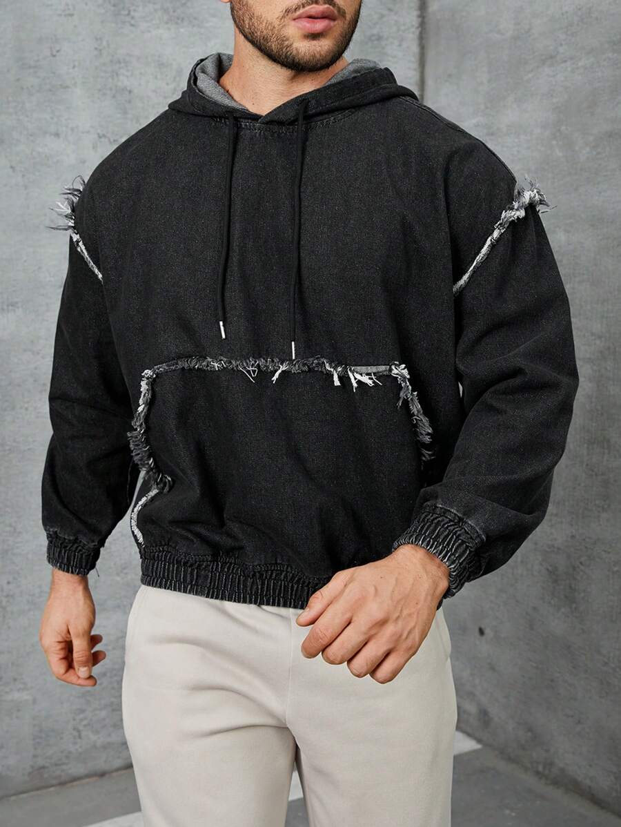 SHEIN Manfinity Homme Loose-Fit Men's Denim Jacket With Drawstring Hood And Frayed Details - Black - View 1
