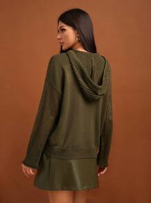 SHEIN Tall Solid Drop Shoulder Drawstring Hooded Sweater, Tall Women - Green - View 2
