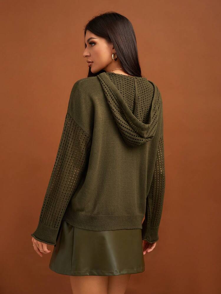 Solid Drop Shoulder Drawstring Hooded Sweater