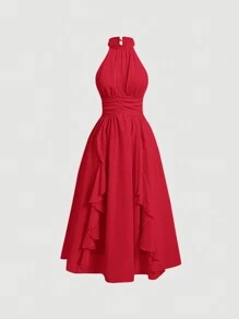 SHEIN MOD Solid Ruffle Trim Ruched Halter Red Long Dress,Valentine Outfits