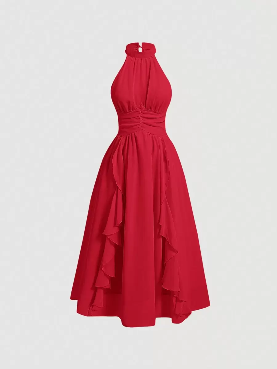 SHEIN MOD Solid Ruffle Trim Ruched Halter Red Long Dress,Valentine Outfits