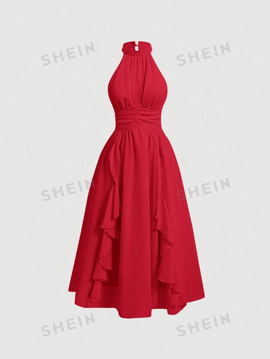SHEIN MOD Vestido largo rojo sólido con escote halter con volantes y pliegues - Rojo - Ver 1