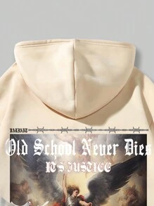 ROMWE MEN Street Life 男士字母及數字圖形袋鼠口袋束口保暖連帽衫 - 卡其色 - 查看 7