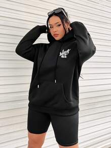 SHEIN EZwear Plus Size Letter & Figure Print Drop Shoulder Sweatshirt - Black - View 4