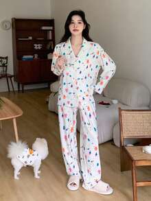 DAZY Cartoon Graphic Drop Shoulder PJ Set - Apricot - View 5