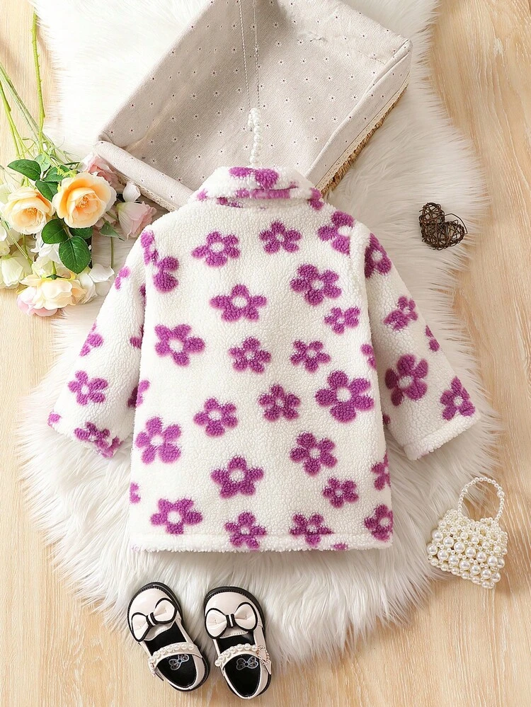 Baby Girl Floral Print Dual Pocket Teddy Coat