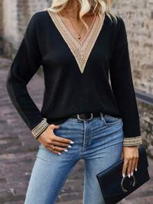 SHEIN LUNE Suéter de punto con caída de hombros y panel de encaje guipur para otoño e invierno - Negro - Ver 5