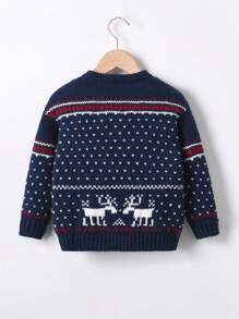 Young Boy Christmas Elk & Geo Pattern Sweater - Blue - View 2