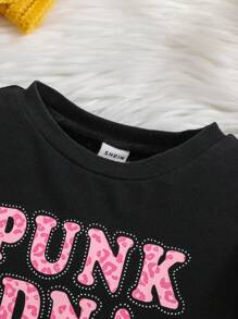 SHEIN Baby Girl Letter Graphic Contrast Mesh Ruffle Trim Tee - Black - View 3