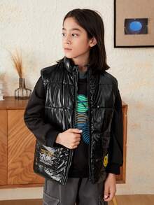 SHEIN Tween Boy 字母图案翻盖口袋背心夹棉外套 - 黑色 - 查看 8