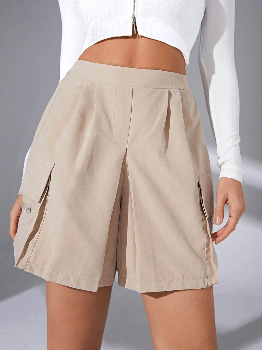 SHEIN Essnce Flap Pocket Side Fold Pleated Detail Shorts - Khaki - View 1