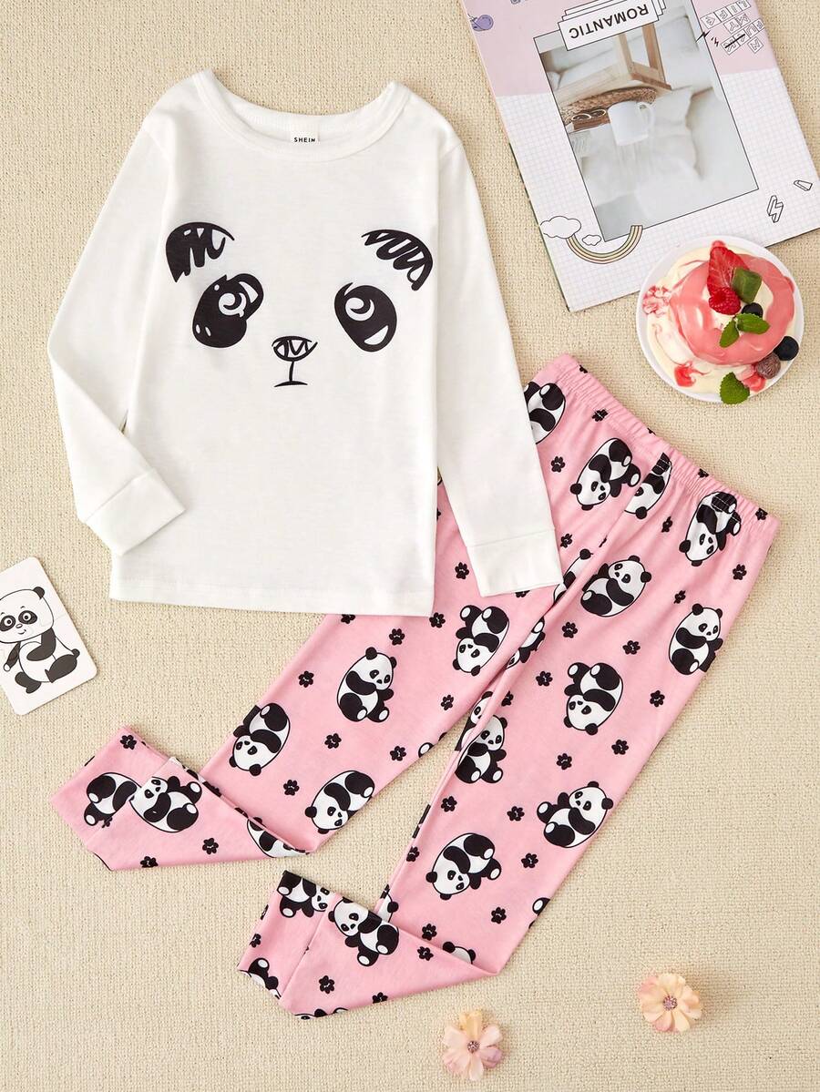 Cô Gái Trẻ Gấu trúc In biểu thức Tay áo dài Dài Quần Vừa Khít Bộ mặc nhà - Hồng - Xem 1