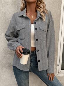 SHEIN LUNE 翻蓋口袋落肩袖外套 - 灰色 - 查看 1