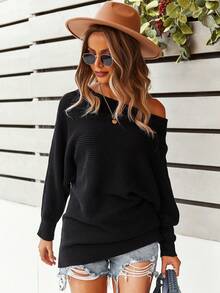 SHEIN VCAY Solid Batwing Sleeve Sweater - Black - View 3