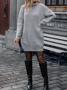 SHEIN Frenchy Áo cao cổ Thả vai Đầm Áo len - Xám - Xem 4